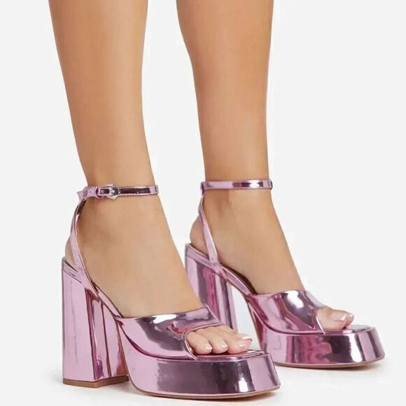 EGO NORRA ANKLE STRAP OPEN PEEP TOE PLATFORM BLOCK HEEL IN PINK PATENT - Picture 3 of 5